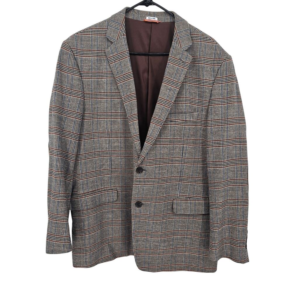 Crown & Ivy Brown Blue Plaid Cotton Two Button Elbow Patch Blazer Jacket Men 46R
